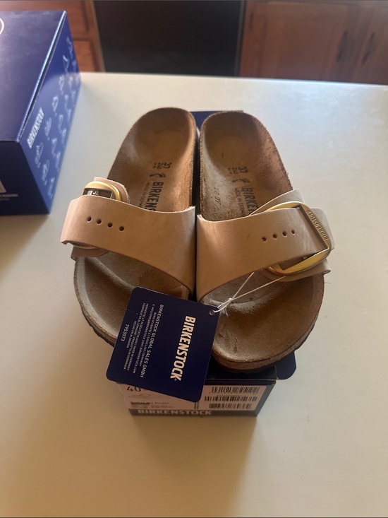 Birkenstock Shoes - Birkenstock Single Strap Slides - Nude/Tan with Gold Buckle PRICED AS MARKED